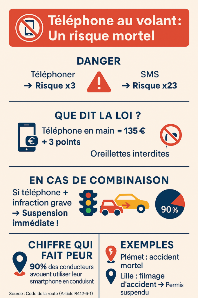 Infographie téléphone au volant, danger, contravention, suspension du permis de conduire
