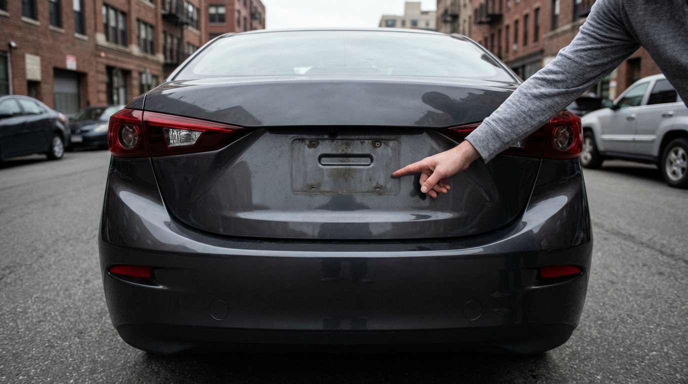Arrière d'une voiture grise sans plaque d'immatriculation, une main pointe l'emplacement vide dans une rue urbaine.