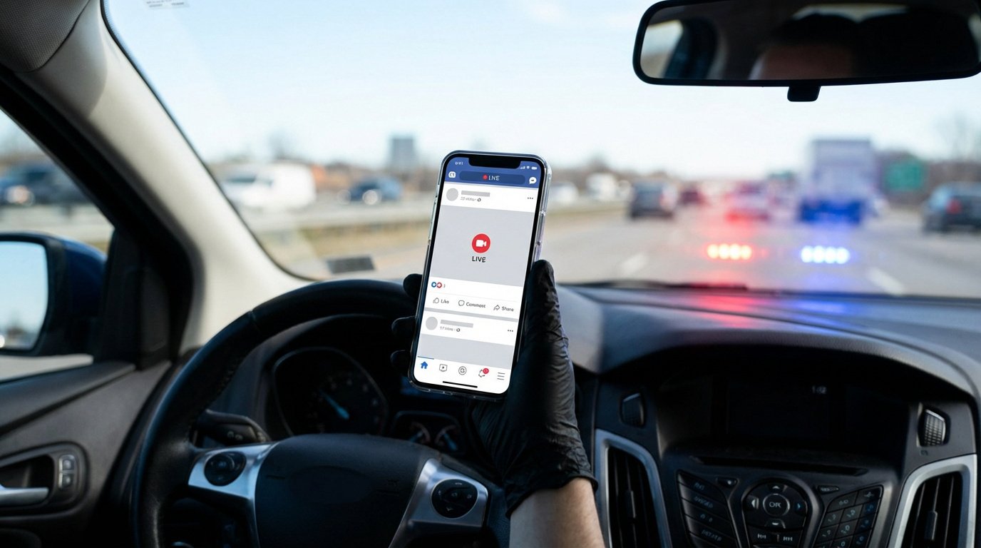 Vue du poste de conduite d'une voiture. Un conducteur tient un smartphone affichant un écran "LIVE" avec des gyrophares de police devant.