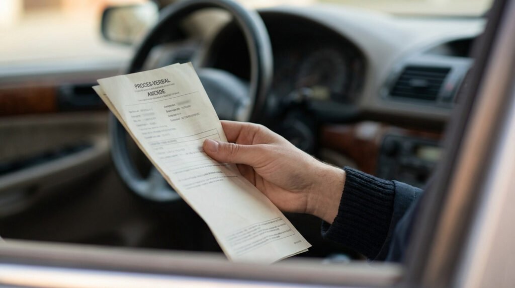 excès de vitesse sans radar Peut-on être sanctionné sans preuve d'excès de vitesse ? Main tenant un procès-verbal d'amende dans une voiture. Le volant et le tableau de bord sont flous en arrière-plan.