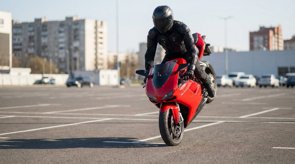 wheeling en parking public ou rodéo motorisé. Un pilote entièrement équipé fait un wheelie sur une moto de sport rouge dans un grand parking asphalté. Bâtiments en arrière-plan.