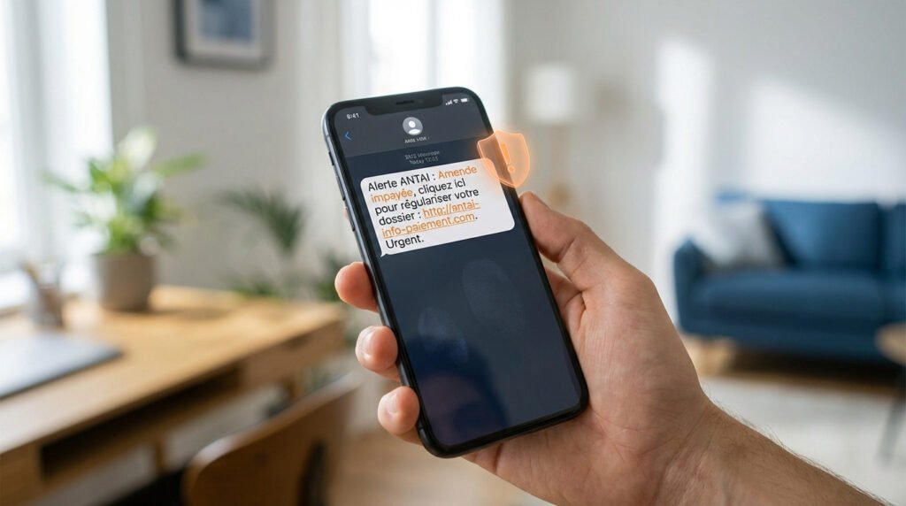 Smartphone affichant un message texte évoquant une arnaque sms antai
