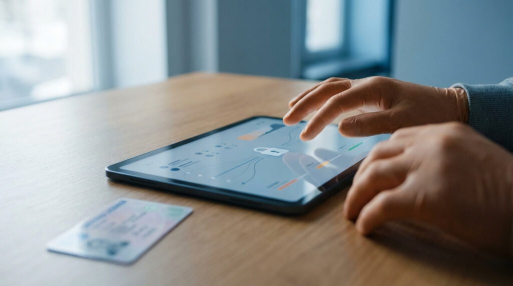 Main manipulant une tablette numérique affichant des informations, illustrant la consultation du solde points permis