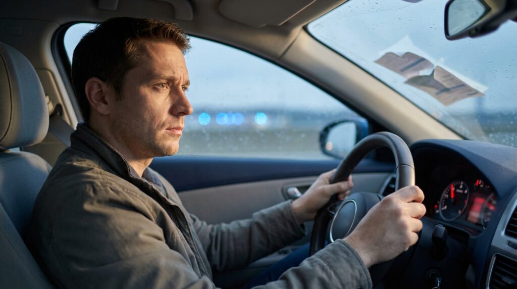 En cas de gros excès de vitesse, la suspension de permis est-elle automatique ? Conducteur en réflexion au volant d'une voiture, concept suspension permis vitesse