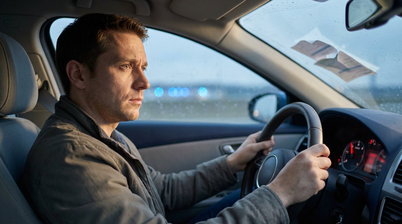 En cas de gros excès de vitesse, la suspension de permis est-elle automatique ? Conducteur en réflexion au volant d'une voiture, concept suspension permis vitesse