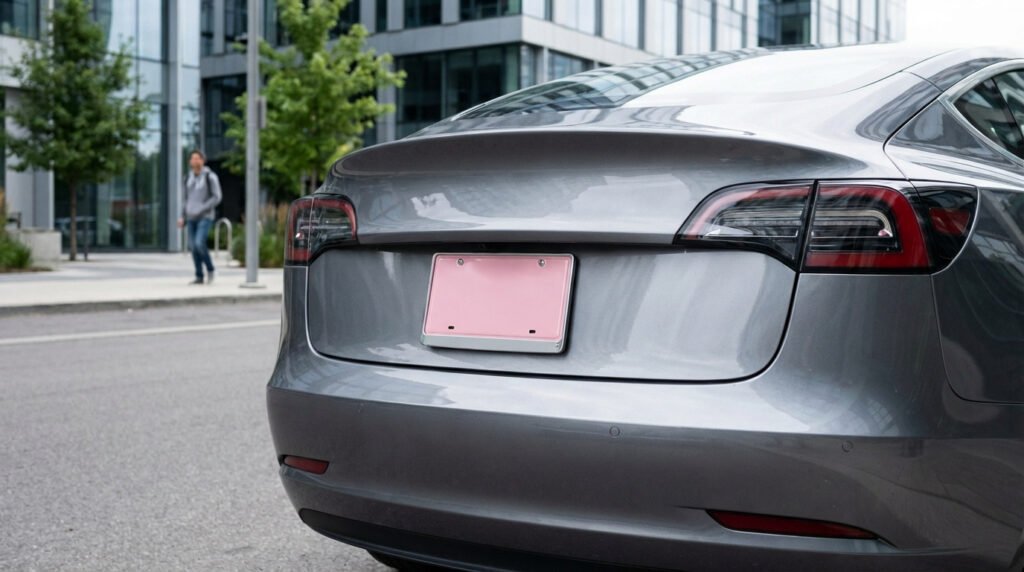 Voiture moderne équipée d'une plaque immatriculation rose en gros plan