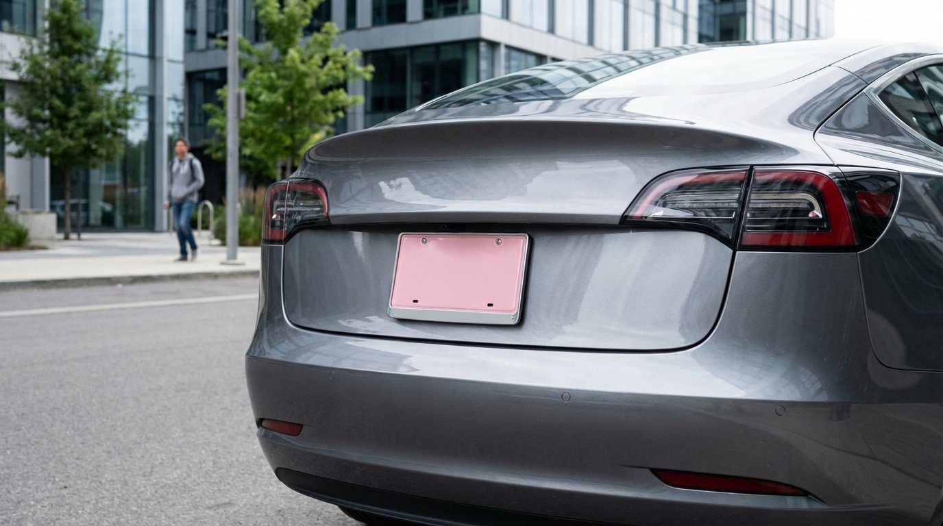 Voiture moderne équipée d'une plaque immatriculation rose en gros plan