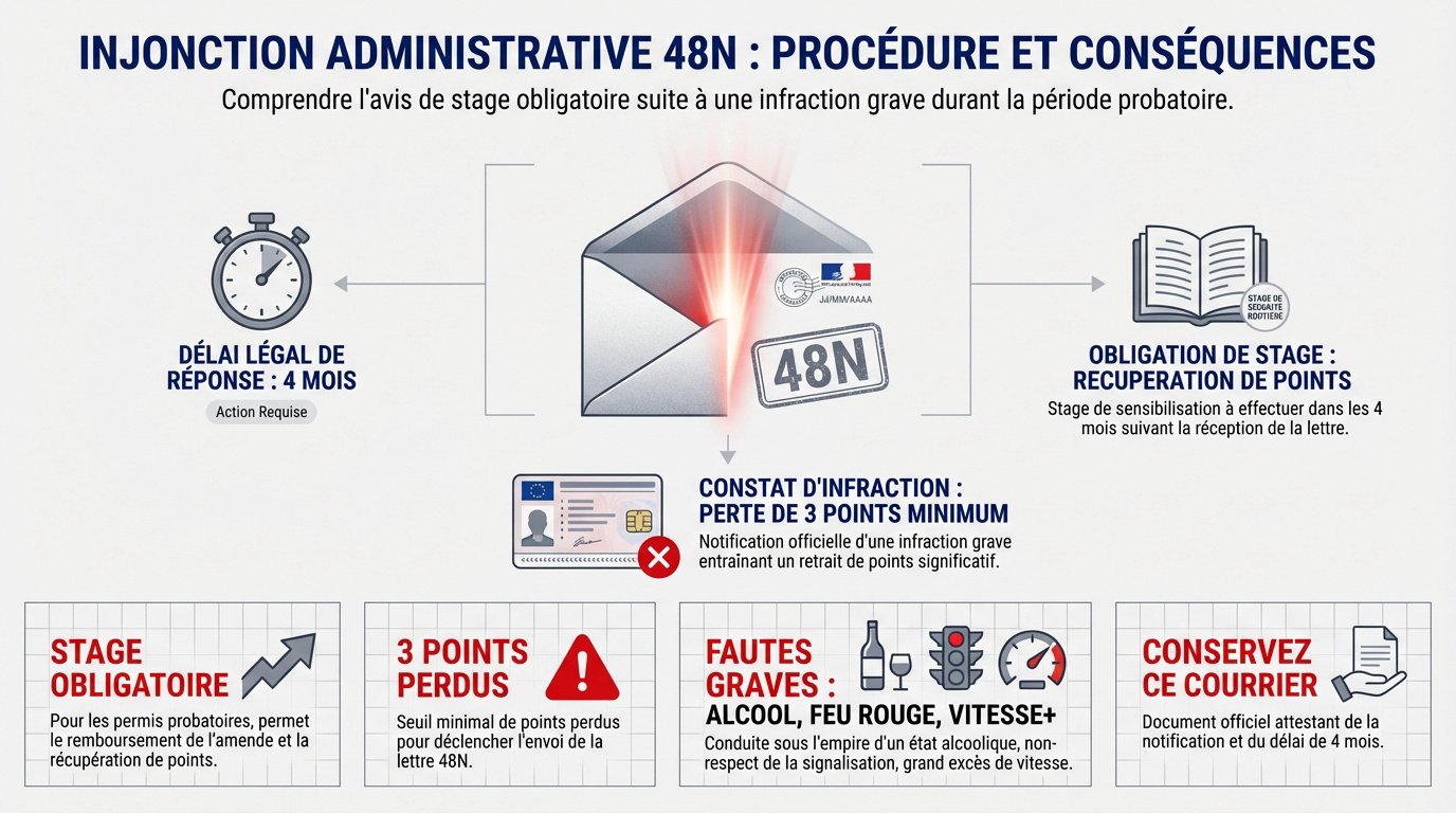 Lettre 48N : infographie de la procédure, délai légal de 4 mois, obligation de stage de sensibilisation, seuil de 3 points perdus et types d'infractions concernées