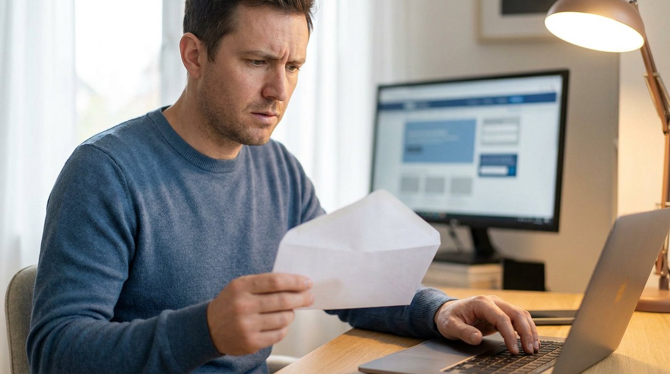 Comment retrouver une amende non reçue : homme perplexe consultant un courrier devant un ordinateur