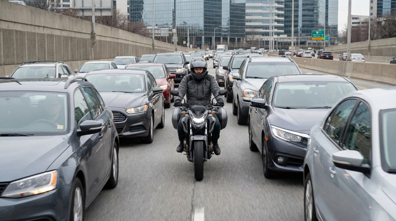 Interfile moto : circulation entre les files de voitures dans un trafic urbain dense