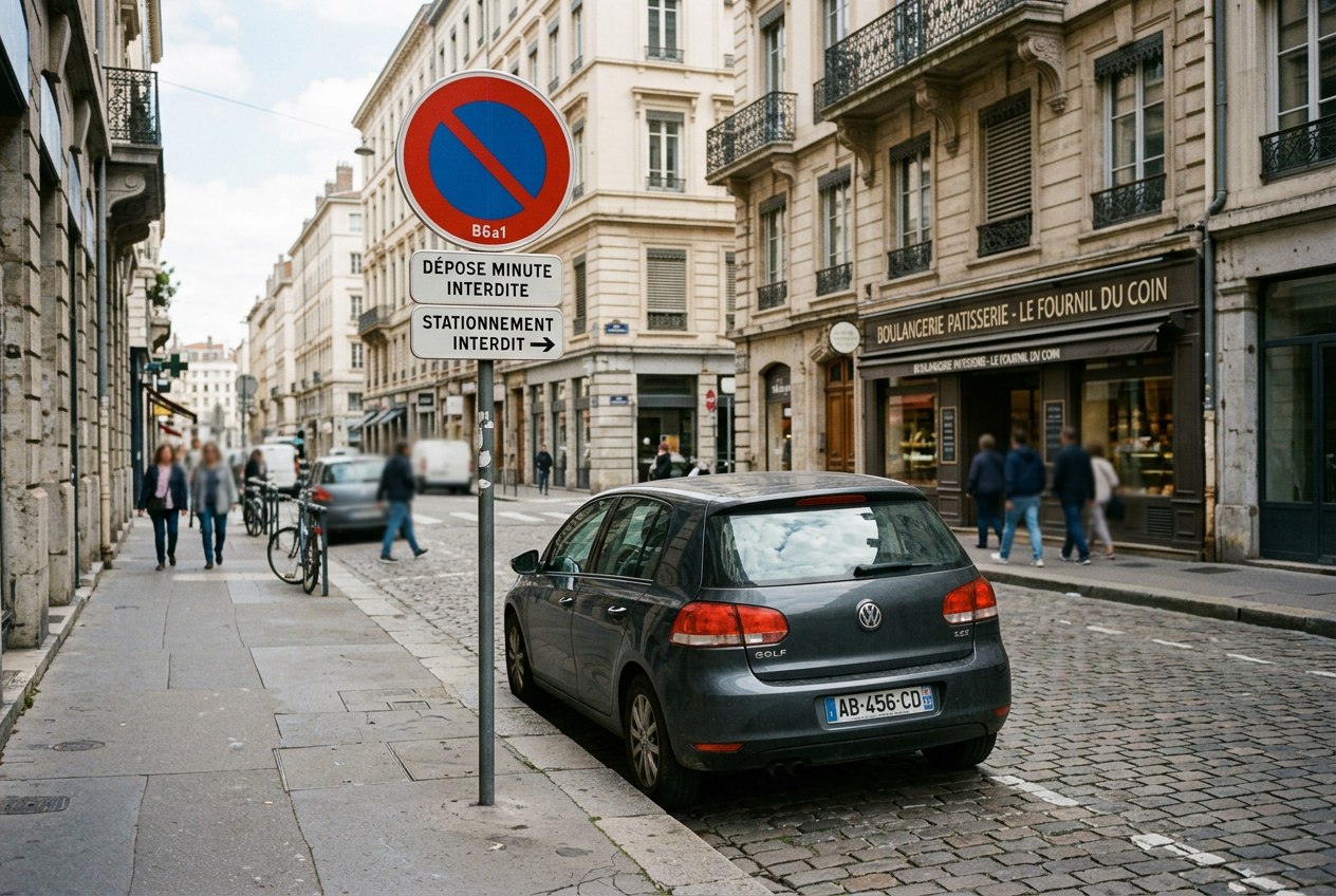 Amende pour stationnement gênant Voiture stationnée le long d'un panneau d'interdiction de stationner, situation pouvant donner lieu à une amende
