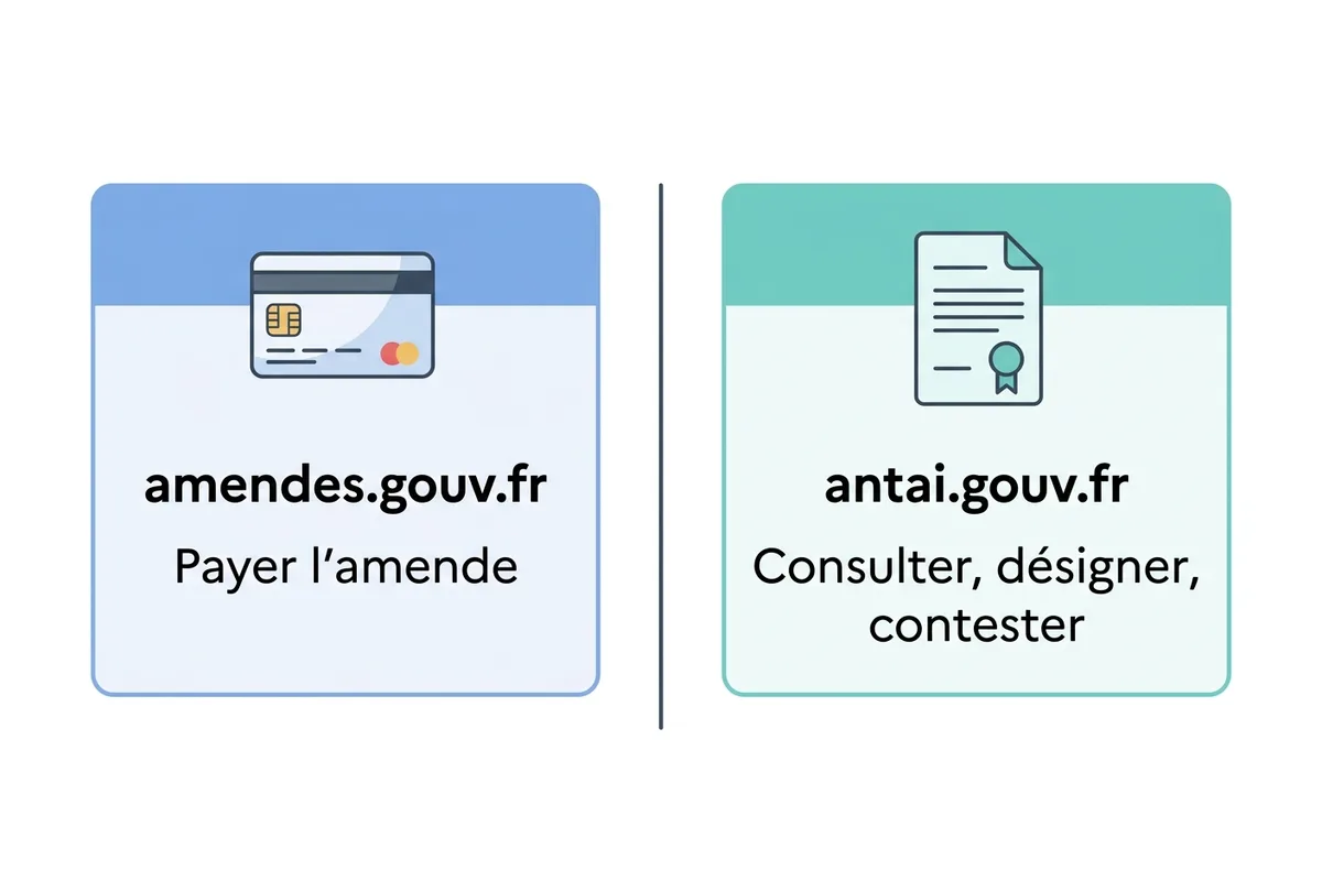 Schéma distinguant amendes.gouv.fr pour payer et antai.gouv.fr pour consulter, désigner ou contester
