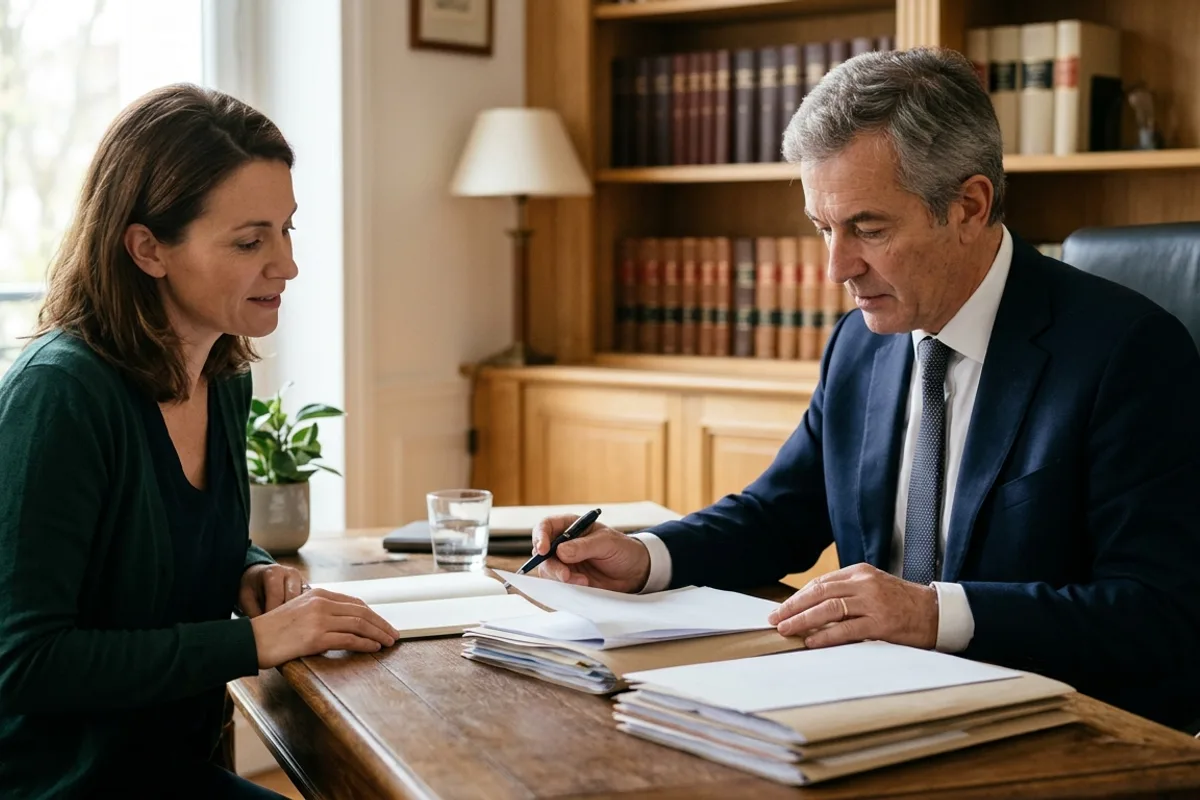 Avocat en droit routier examinant un dossier de défense avec un conducteur