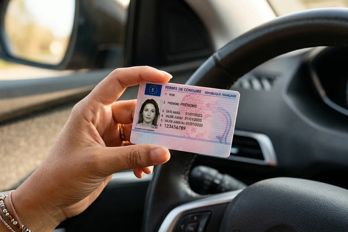 Main tenant une carte de permis de conduire français au format européen à l'intérieur d'une voiture