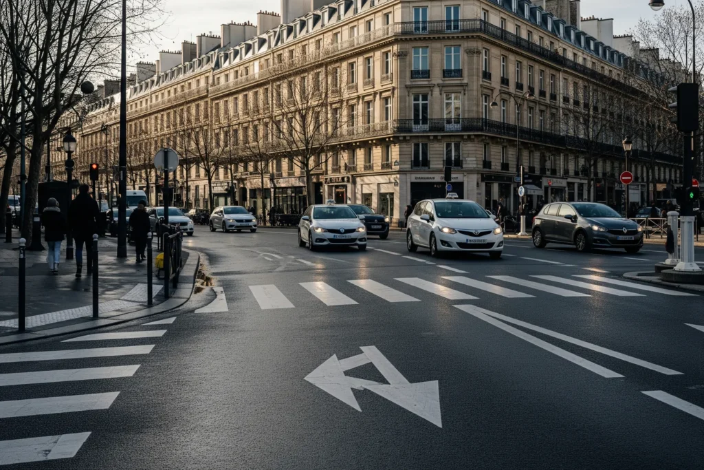 Code de la route : rue parisienne avec marquage au sol, passage piéton et voitures