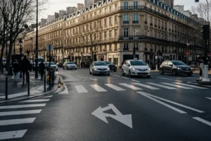 Code de la route : rue parisienne avec marquage au sol, passage piéton et voitures