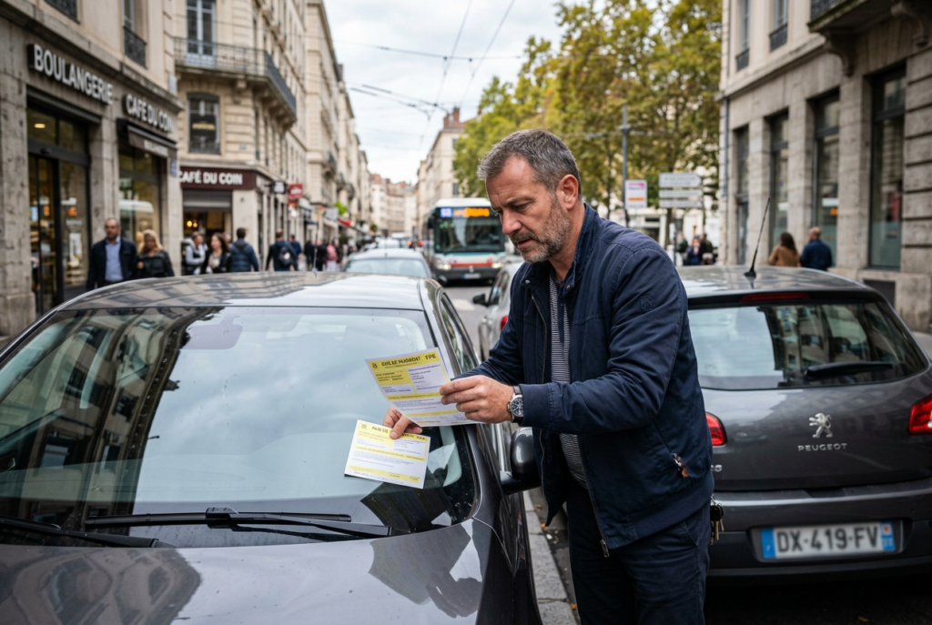 Conducteur examinant un avis d'amende de stationnement glissé sous l'essuie-glace pour vérifier s'il peut le contester