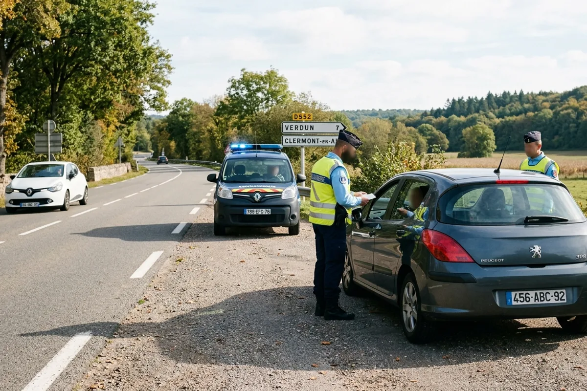 Contrôle routier de gendarmes vérifiant un véhicule en bord de route