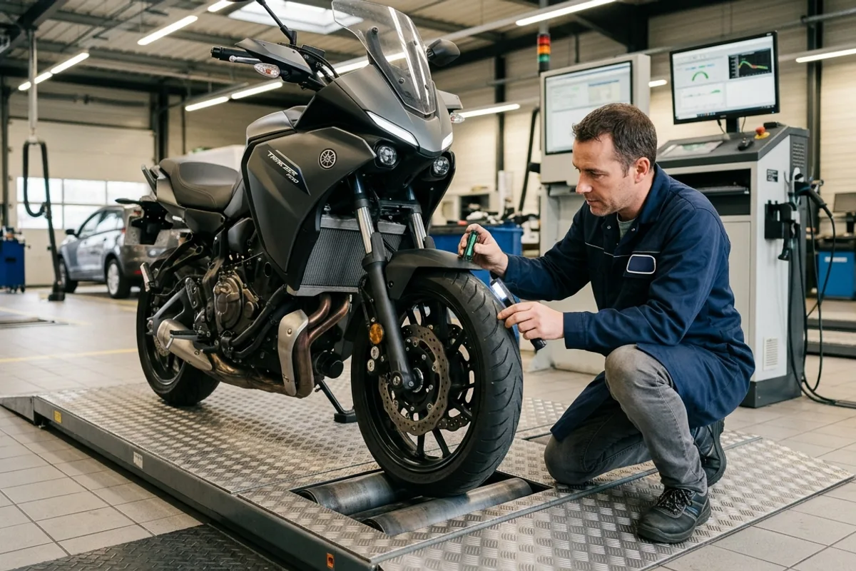 Contrôleur agréé examinant le freinage et les pneus d'une moto lors du contrôle technique