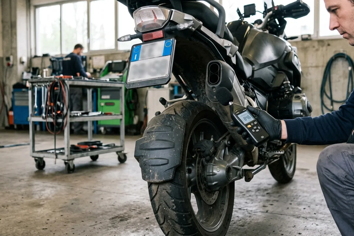 Technicien mesurant le bruit de l'échappement d'une moto avec un sonomètre