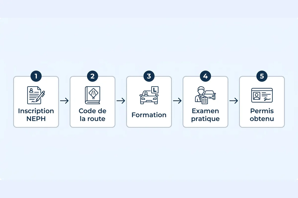 Schéma des 5 étapes : inscription NEPH, code de la route, formation, examen pratique, permis obtenu