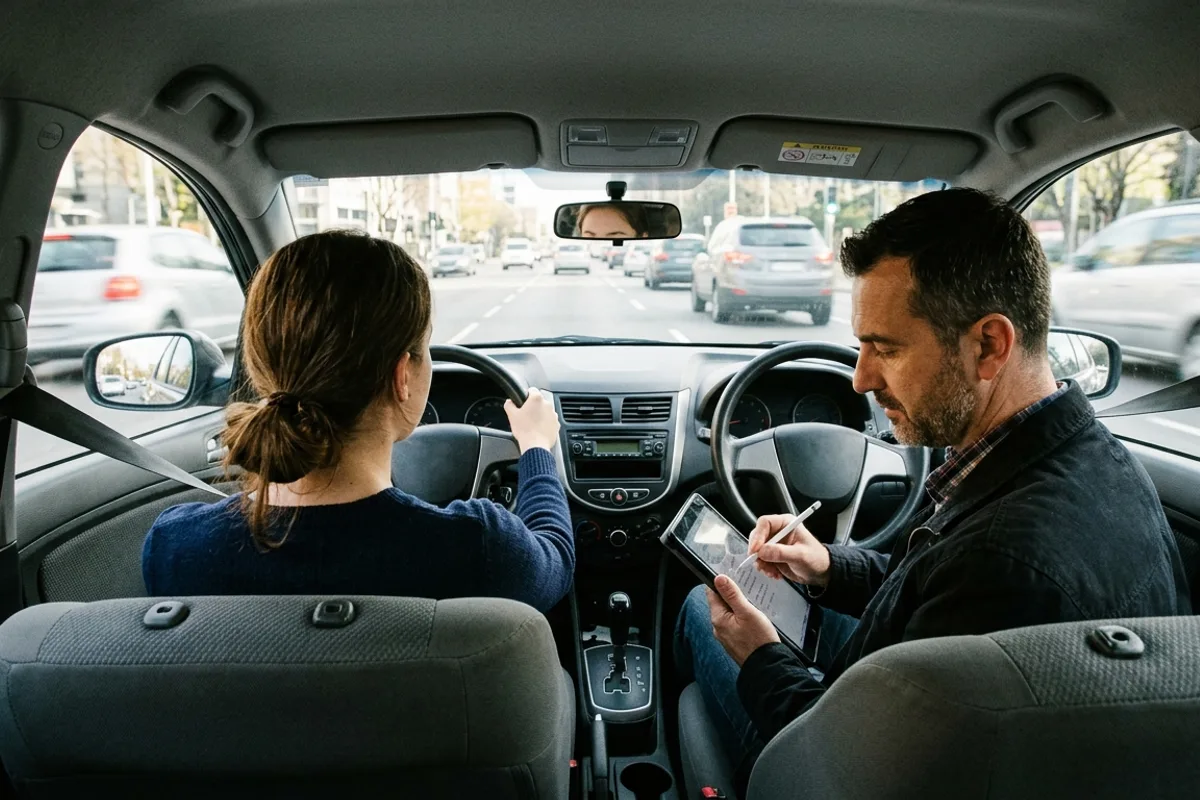 Candidate au volant pendant l'examen de conduite, un examinateur prend des notes sur une tablette