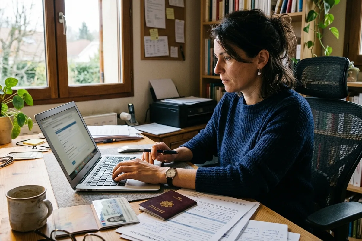 Femme remplissant son dossier d'inscription au permis sur un ordinateur portable, pièce d'identité et passeport sur le bureau