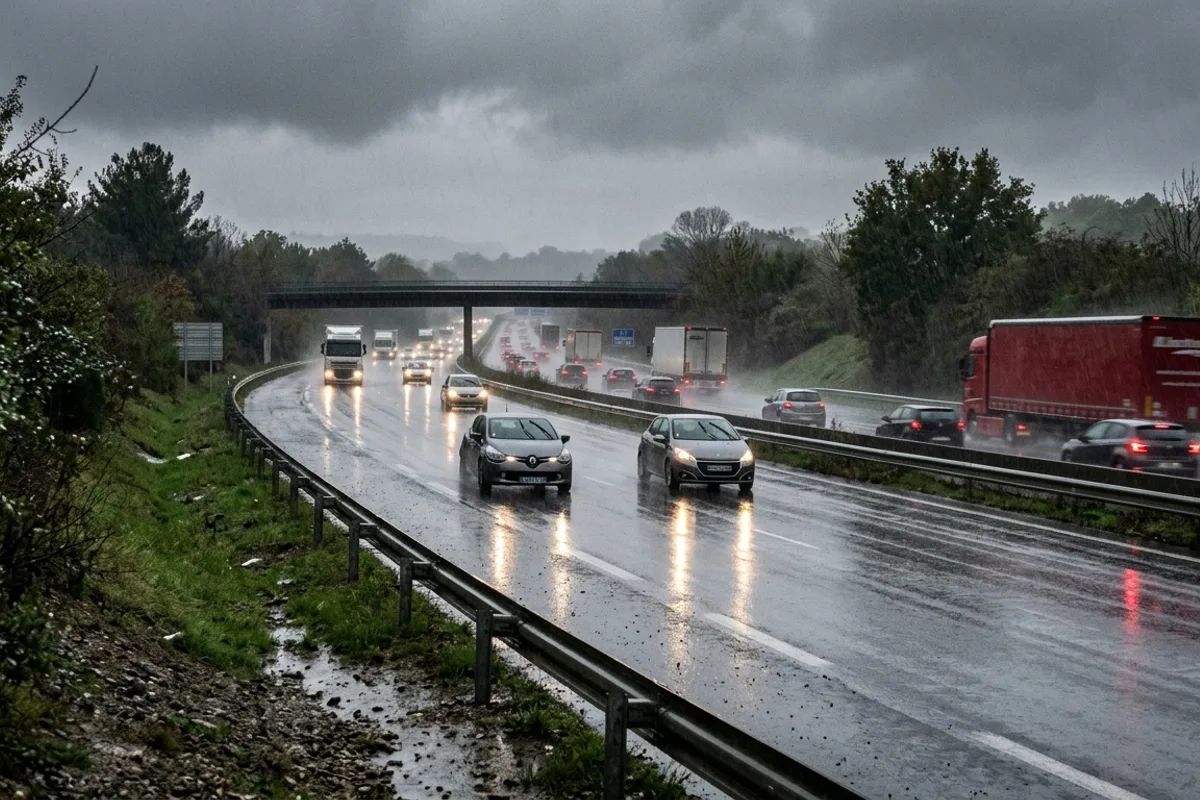 Autoroute sous la pluie illustrant la limitation de vitesse du jeune conducteur