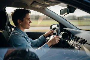 Jeune conductrice respectant la limitation de vitesse au volant d'une voiture