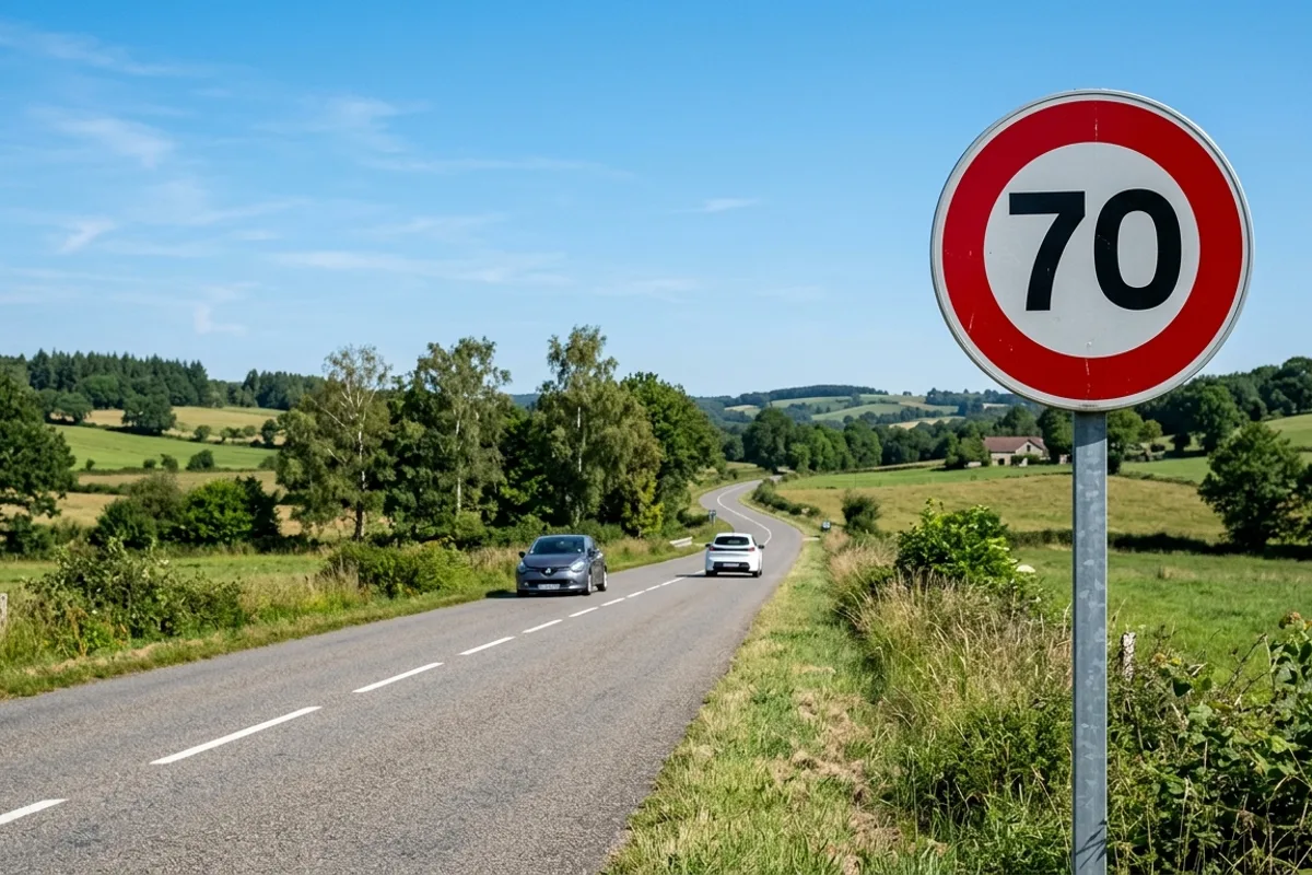Panneau de limitation de vitesse à 70 km/h au bord d'une route de campagne