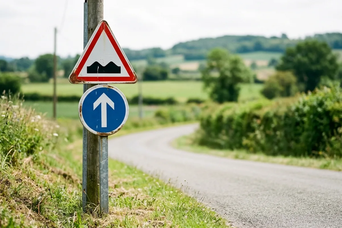 Différents panneaux de signalisation routière français regroupés au bord d'une rue