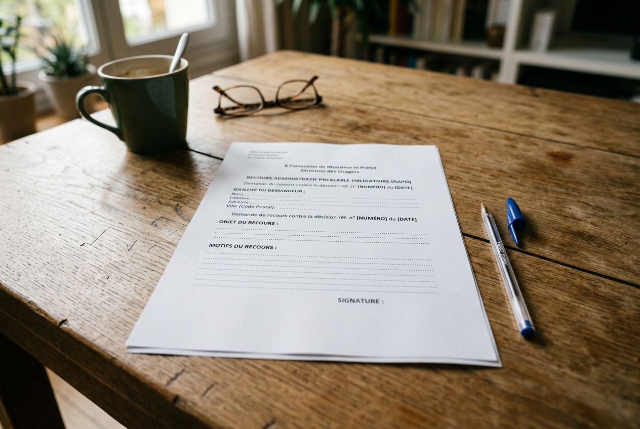 Déposer un RAPO contre un forfait post-stationnement Formulaire de recours administratif préalable obligatoire rempli pour contester un forfait post-stationnement