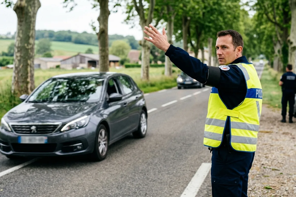 Policier faisant signe à une voiture de s'arrêter lors d'un contrôle routier