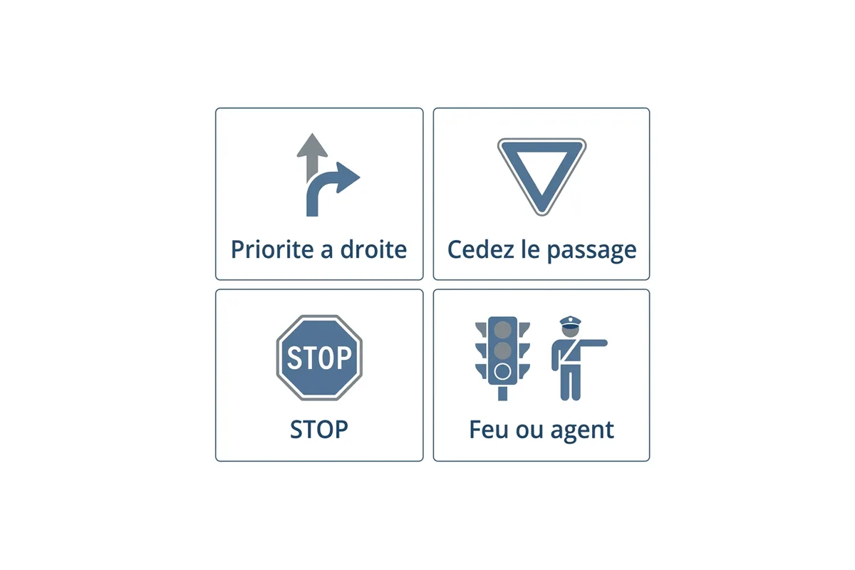 Schéma des règles de priorité : priorité à droite, cédez le passage, stop, feu ou agent
