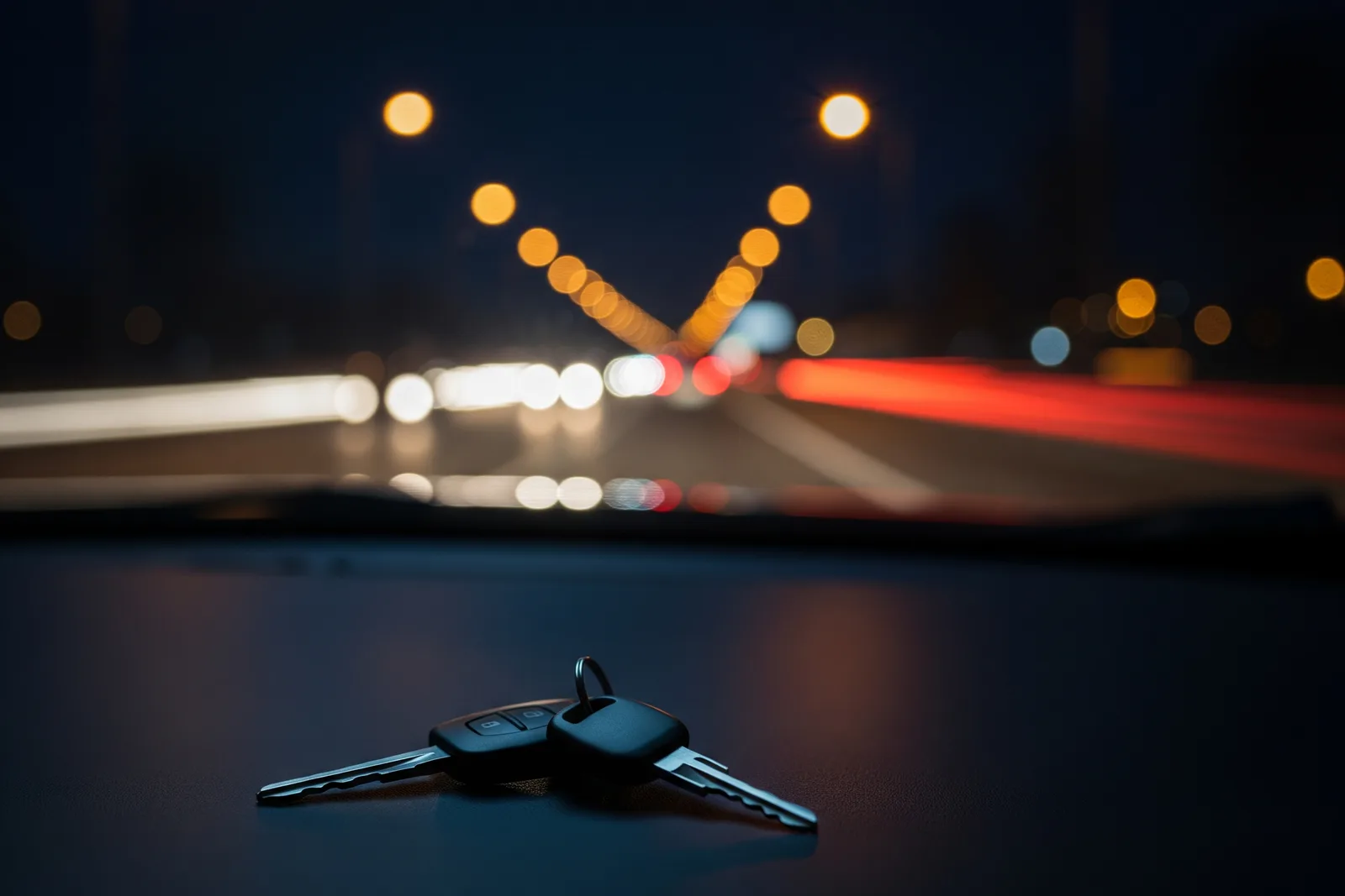 Alcool au volant : trousseau de clés de voiture posé devant une route de nuit