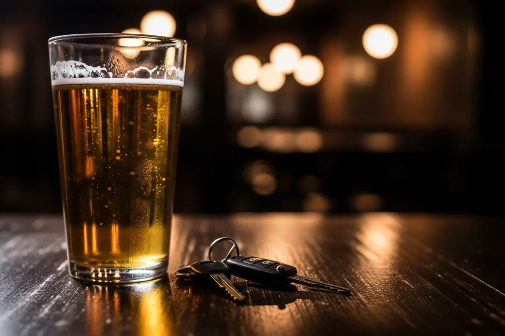 Verre de bière blonde et clés de voiture posées sur une table de bar en bois, illustrant le risque de conduite après alcool en permis probatoire