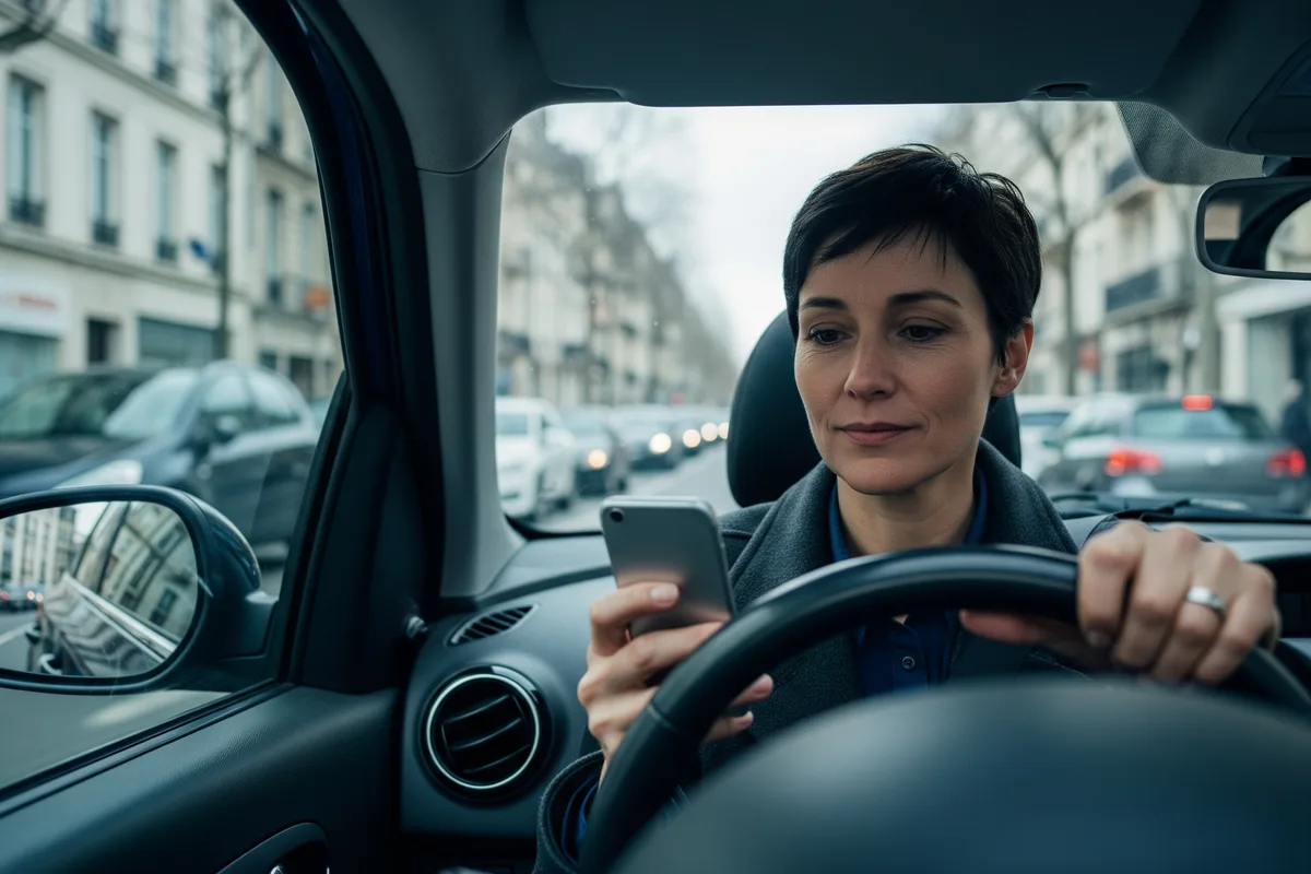 Conductrice tenant son smartphone en main pendant qu'elle conduit en milieu urbain français