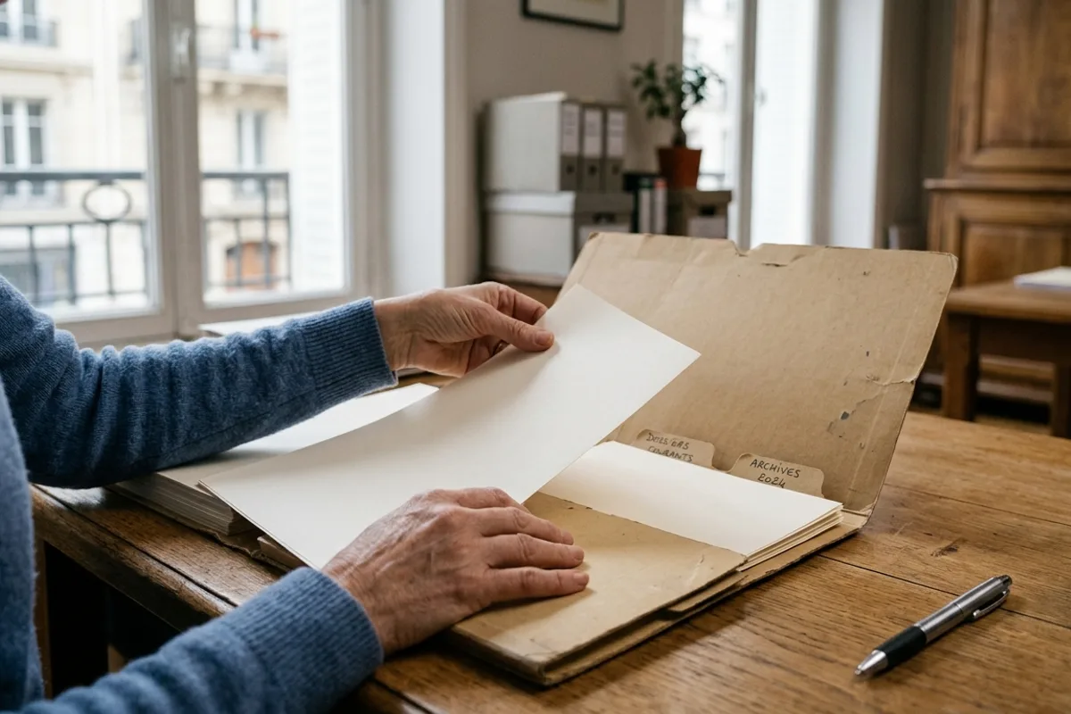Mains classant des documents administratifs vierges dans un dossier sur un bureau