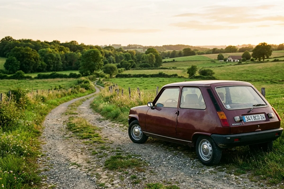 Ancienne voiture rouge bordeaux des années 80 garée à la campagne, représentant les véhicules anciens soumis au tarif régional de la carte grise