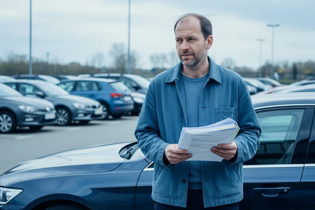 Conducteur consultant sa carte grise pour calculer le cheval fiscal de son véhicule dans un parking