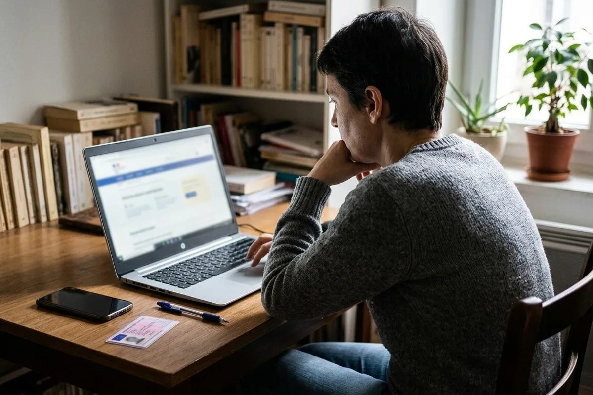 Conducteur consultant un site administratif sur un ordinateur portable, permis de conduire et smartphone poses sur le bureau