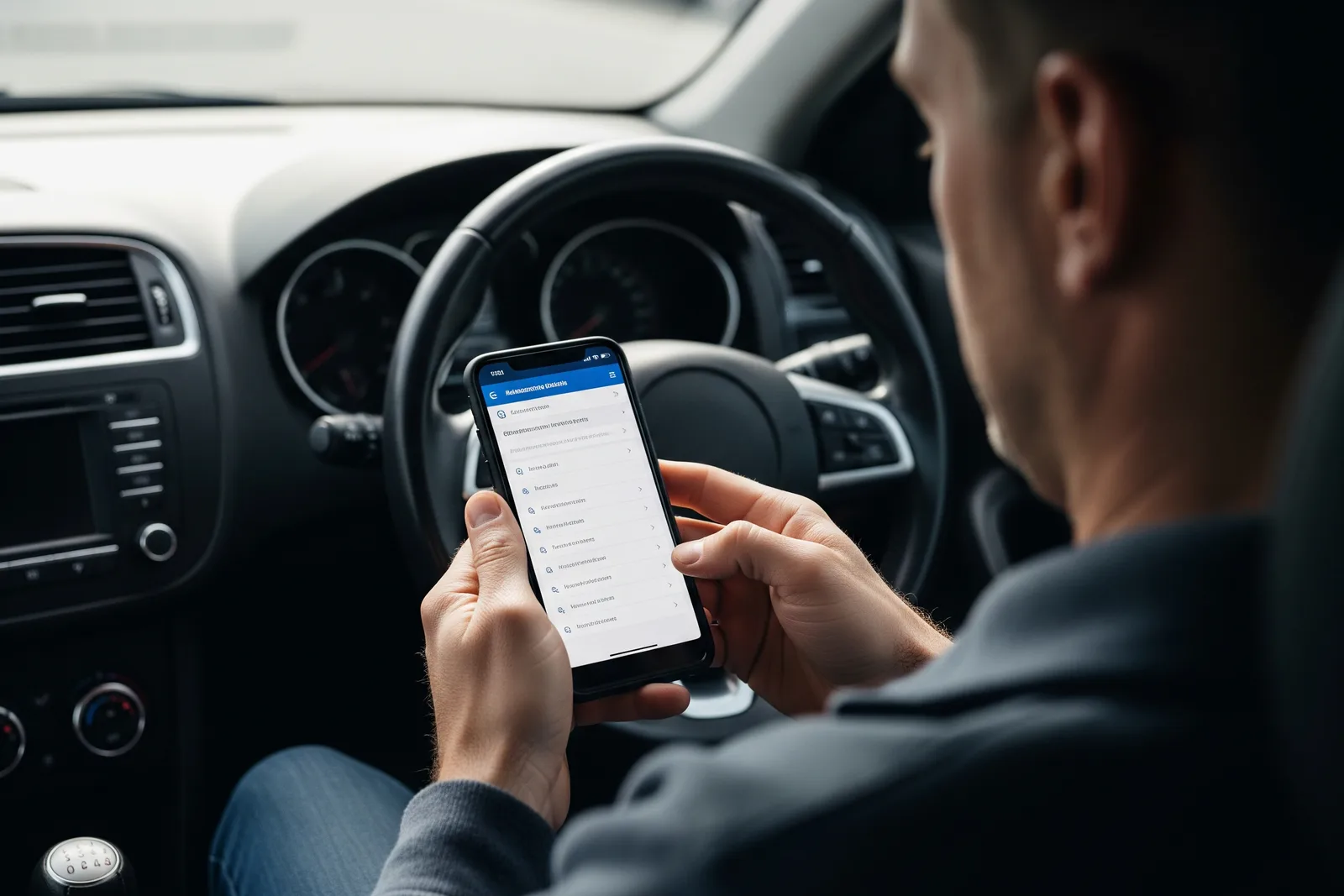 Conducteur consultant son solde de points permis sur smartphone dans une voiture