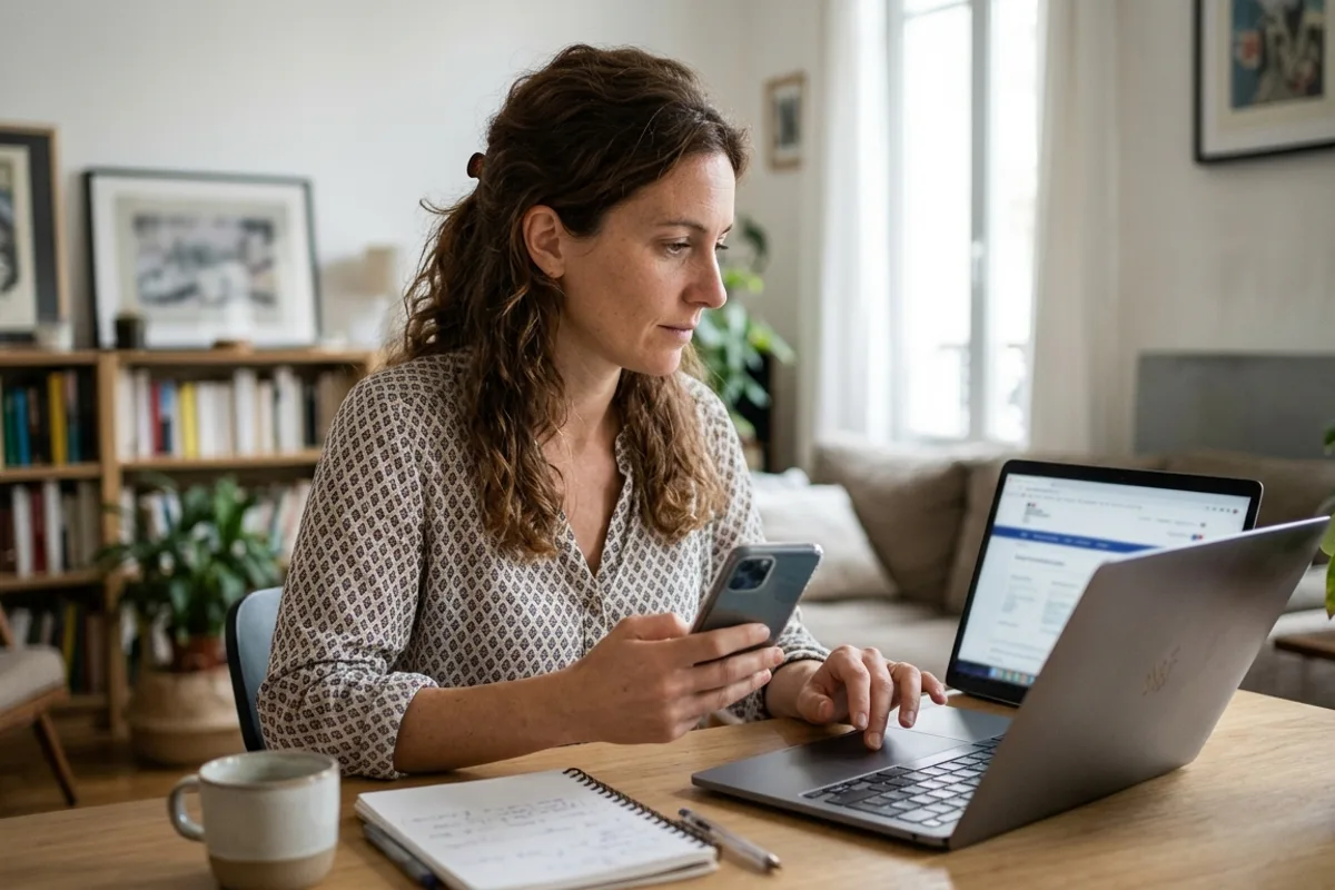 Une conductrice consulte le solde de points de son permis en ligne, smartphone en main et ordinateur portable ouvert sur le bureau