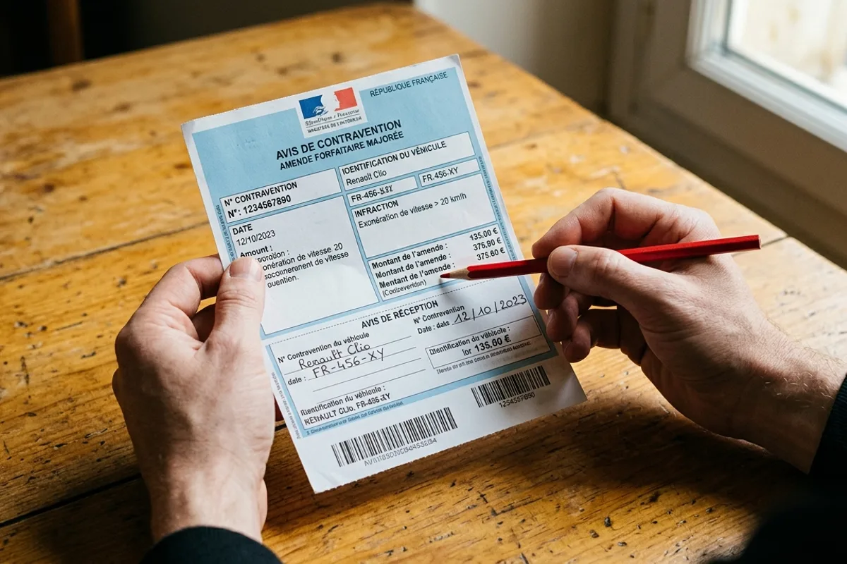 Mains tenant un avis de contravention francais et pointant un detail avec un crayon rouge sur une table en bois, en vue de contester l'amende