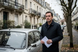 Conducteur tenant un avis d'amende majorée devant sa voiture, procédure de contestation