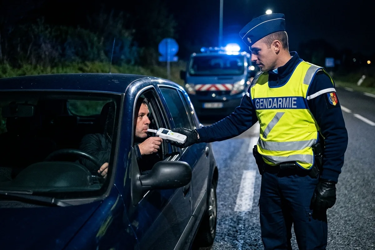 Gendarme en gilet jaune fluorescent tendant un éthylotest à un conducteur lors d'un contrôle routier nocturne en permis probatoire
