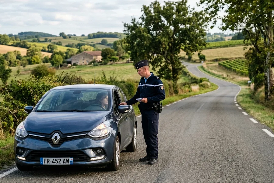 Gendarme français en uniforme debout près d'un véhicule arrêté sur le bord d'une route de campagne