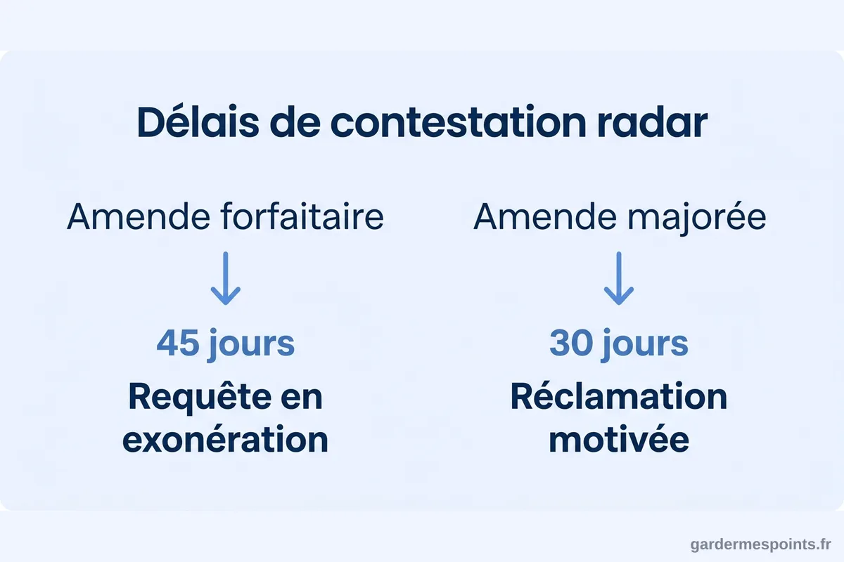 Infographie délais contestation amende radar : 45 jours forfaitaire, 30 jours majorée