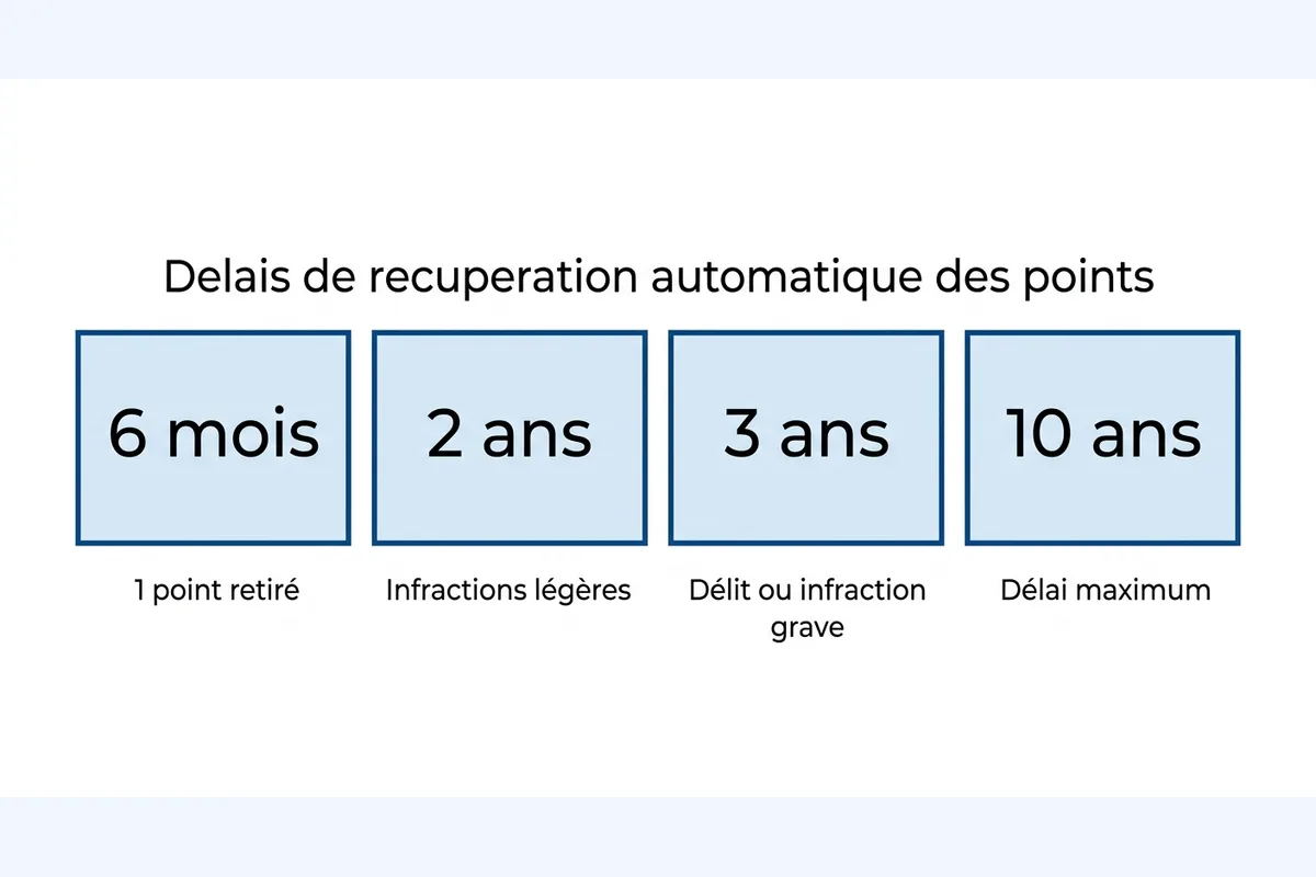 Schéma des quatre délais de récupération automatique de points de permis : 6 mois, 2 ans, 3 ans, 10 ans