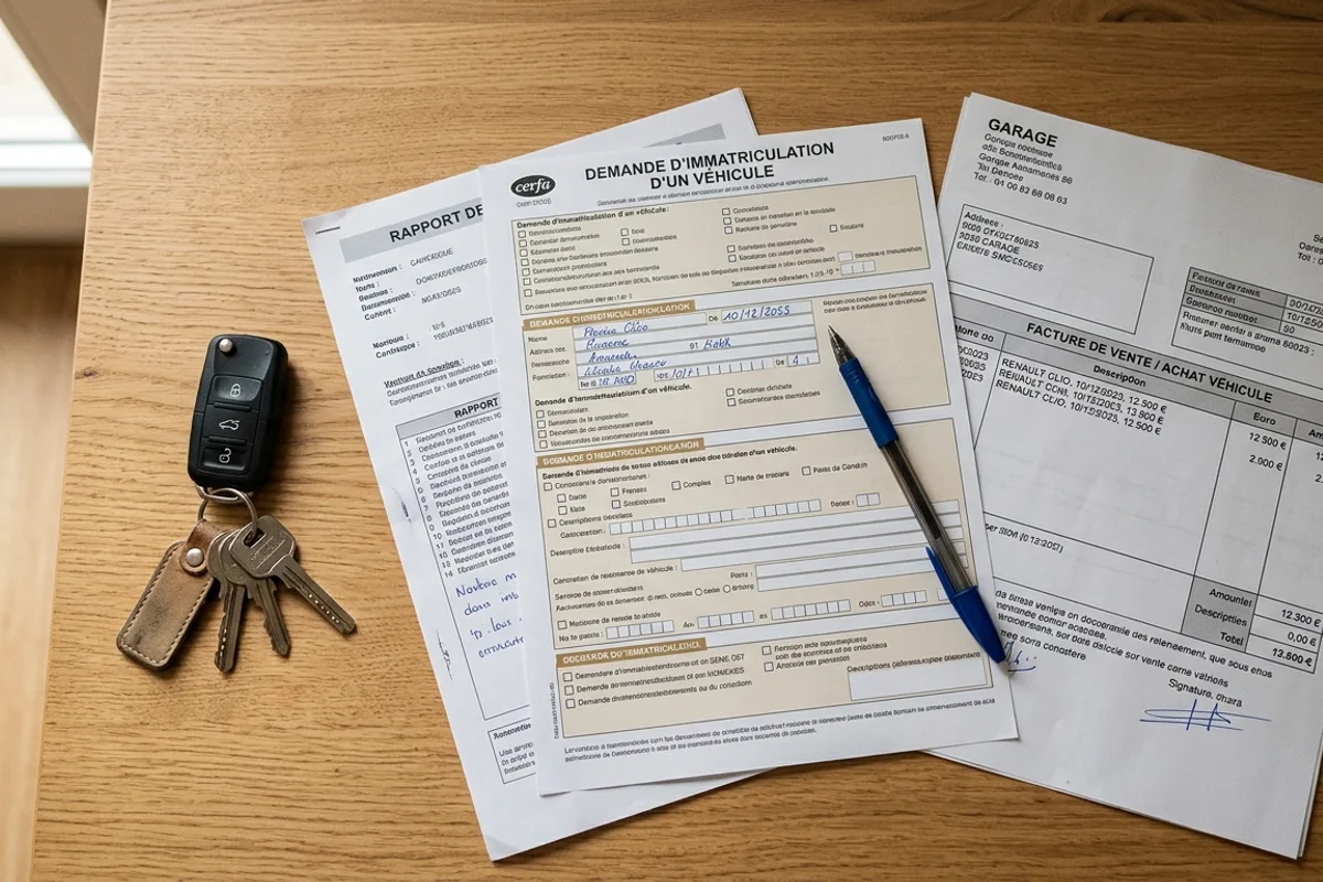 Formulaire d'immatriculation, facture et cles de voiture poses sur un bureau en bois